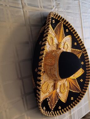 Women's Black and Gold Embroidered Sombrero Hat